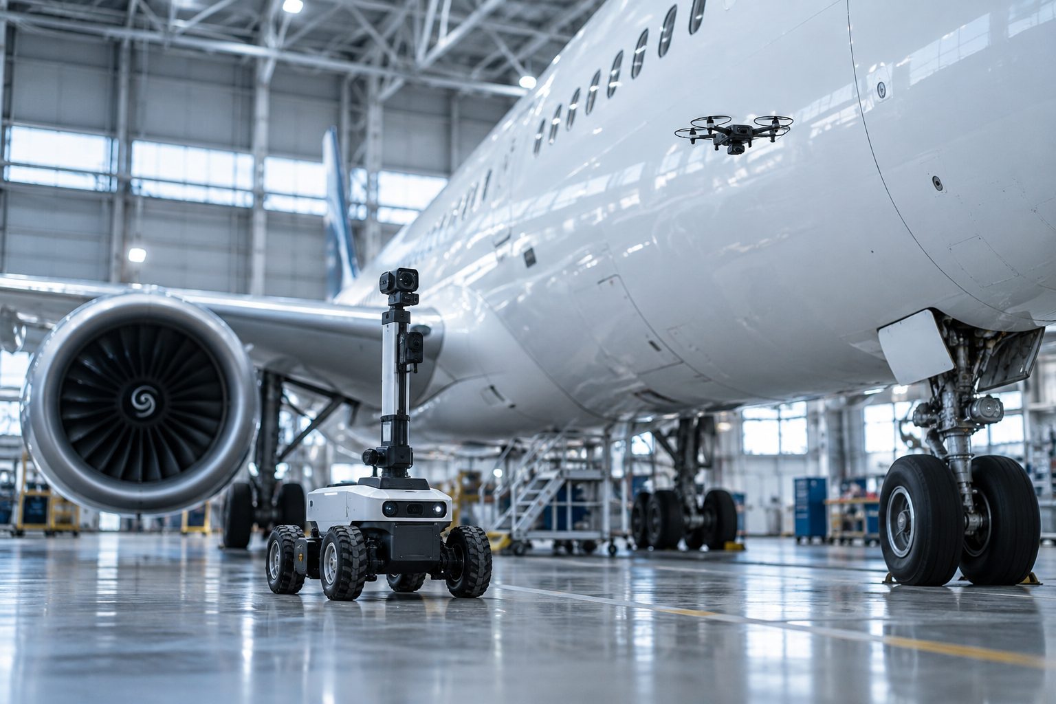 Inspection robot and drone in an aircraft hangar