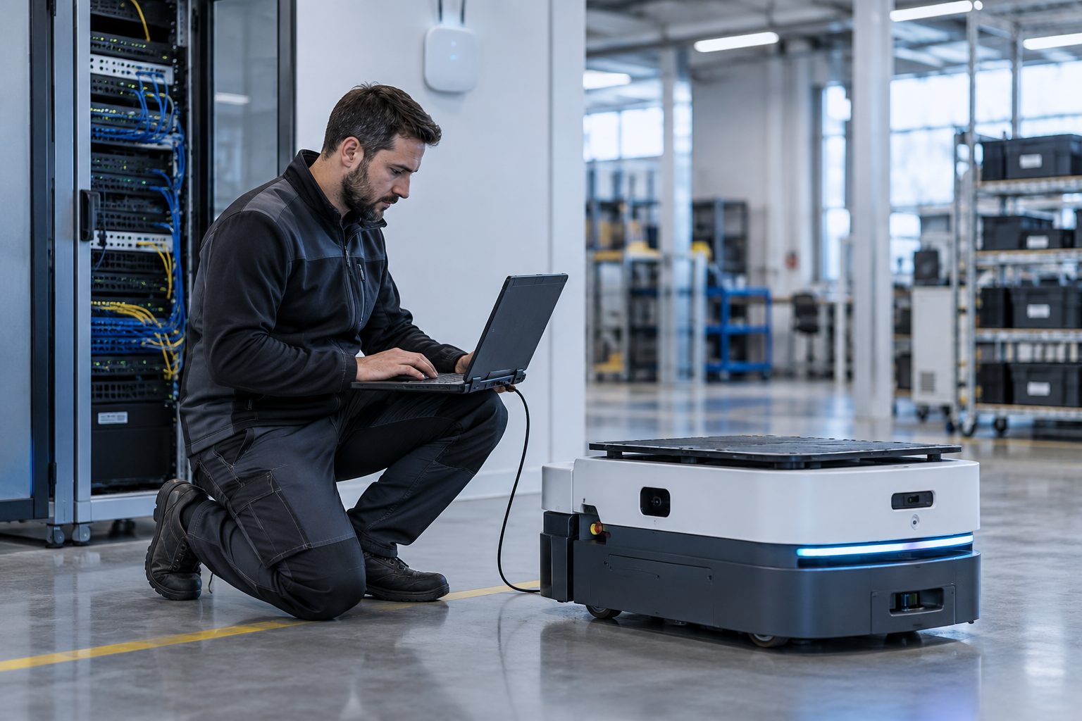 Engineer configuring an autonomous mobile robot and its network integration