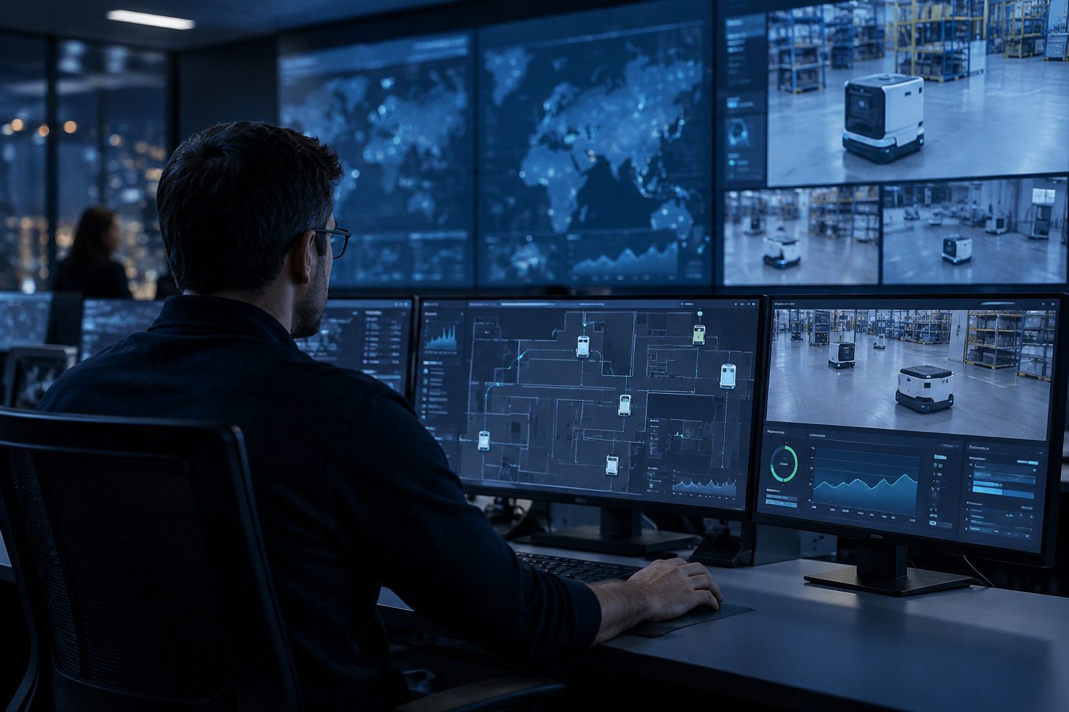 Engineer monitoring a robot fleet from an operations center