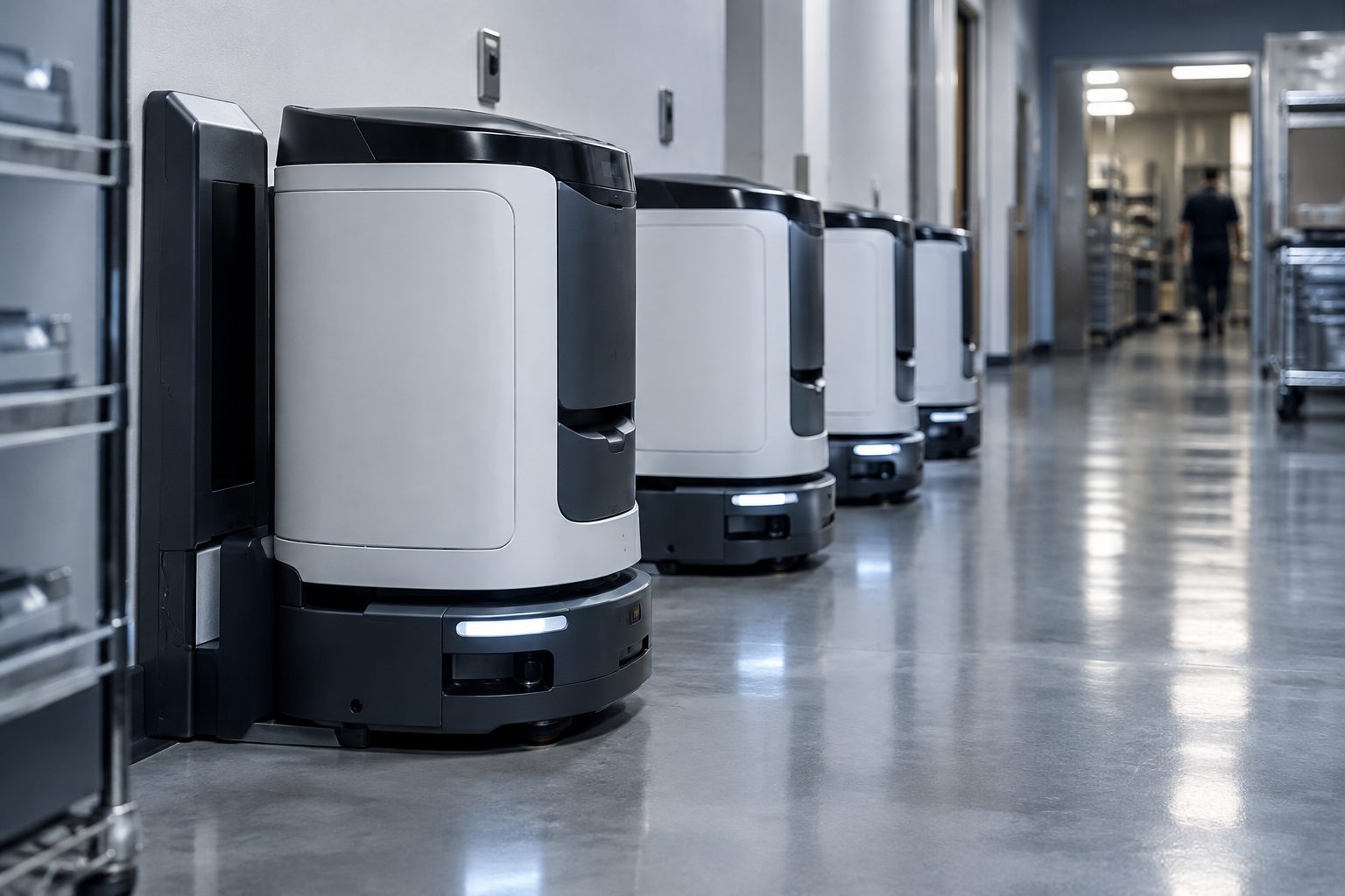 Autonomous service robots docked at charging stations, ready for deployment